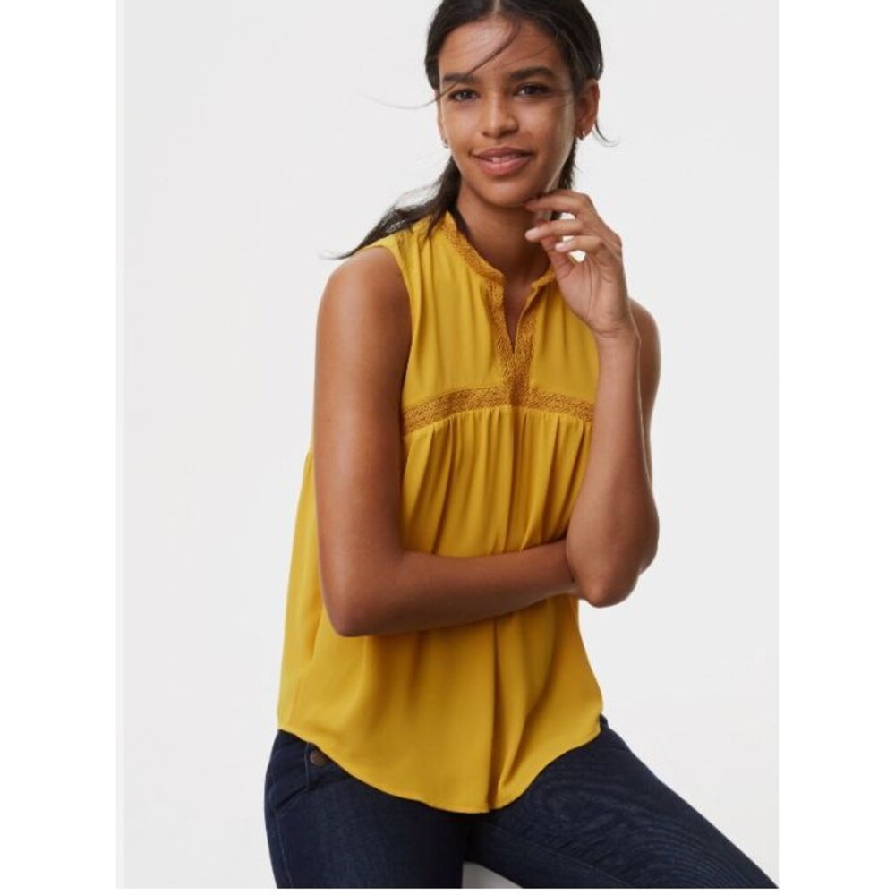 Ann Taylor LOFT Lace Trim Split Neck Shell Top Size XS